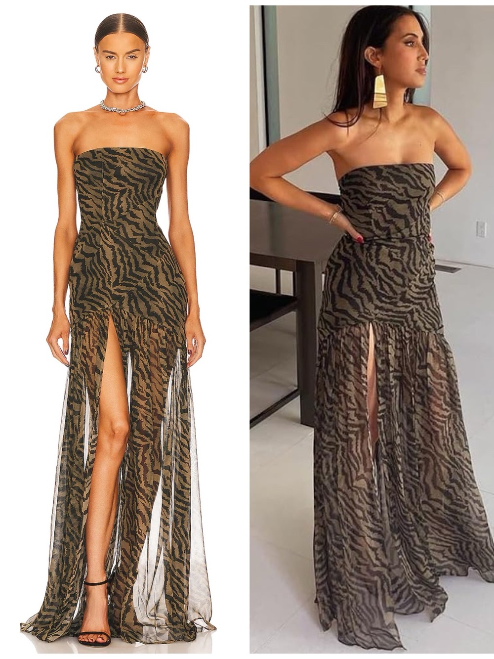 NWT RETROFETE Nicole Silk Strapless Maxi Dress in Tiger Stripe Size X-Small